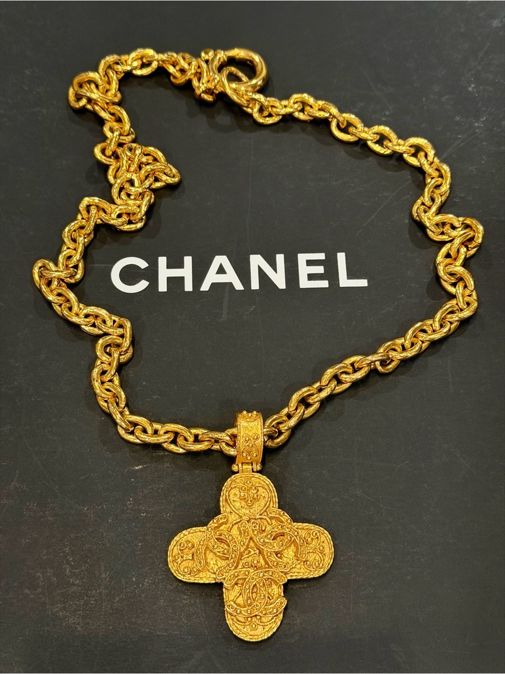 CHANEL Gold-Plated Filigree Cross Pendant Necklace - Gold